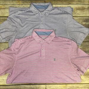 SET OF 2 Izod Golf Pink Purple Striped Wicking Polo Shirts Mens Sz M